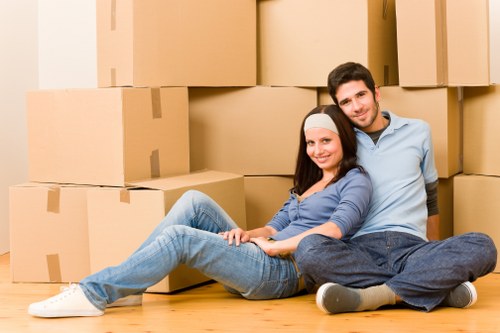 Office relocation equipment and boxes during a Putney commercial move