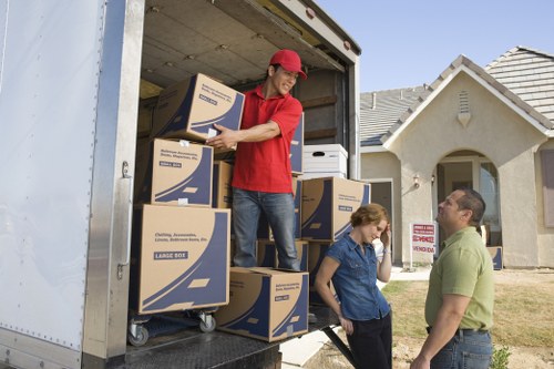 Furniture and boxes prepared for transport by a Putney van service